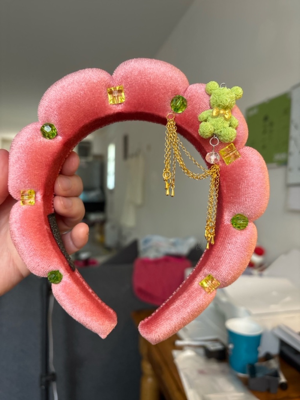 Pink velvet bubble headband teddy bears charm gold chain